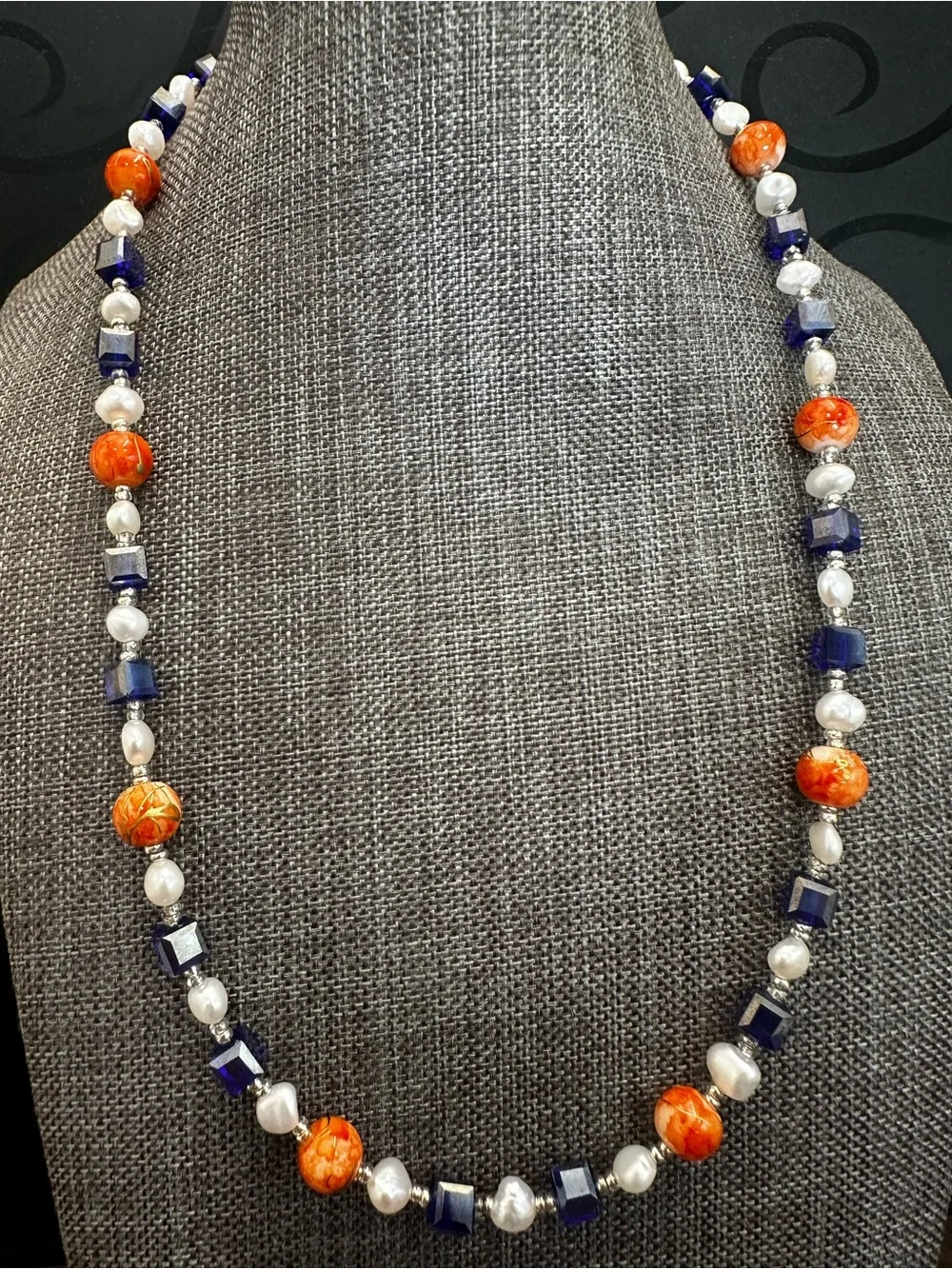 Freshwater Pearl Necklace with Orange and Navy Accents